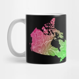 Colorful mandala art map of Canada with text in pink and green Mug